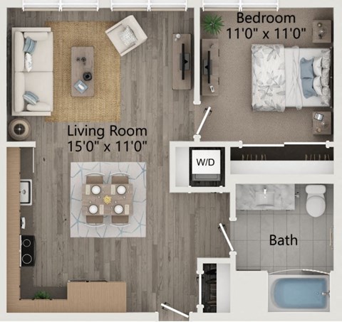 Floor plan for 1 bed, 1 bath, 675 sqft